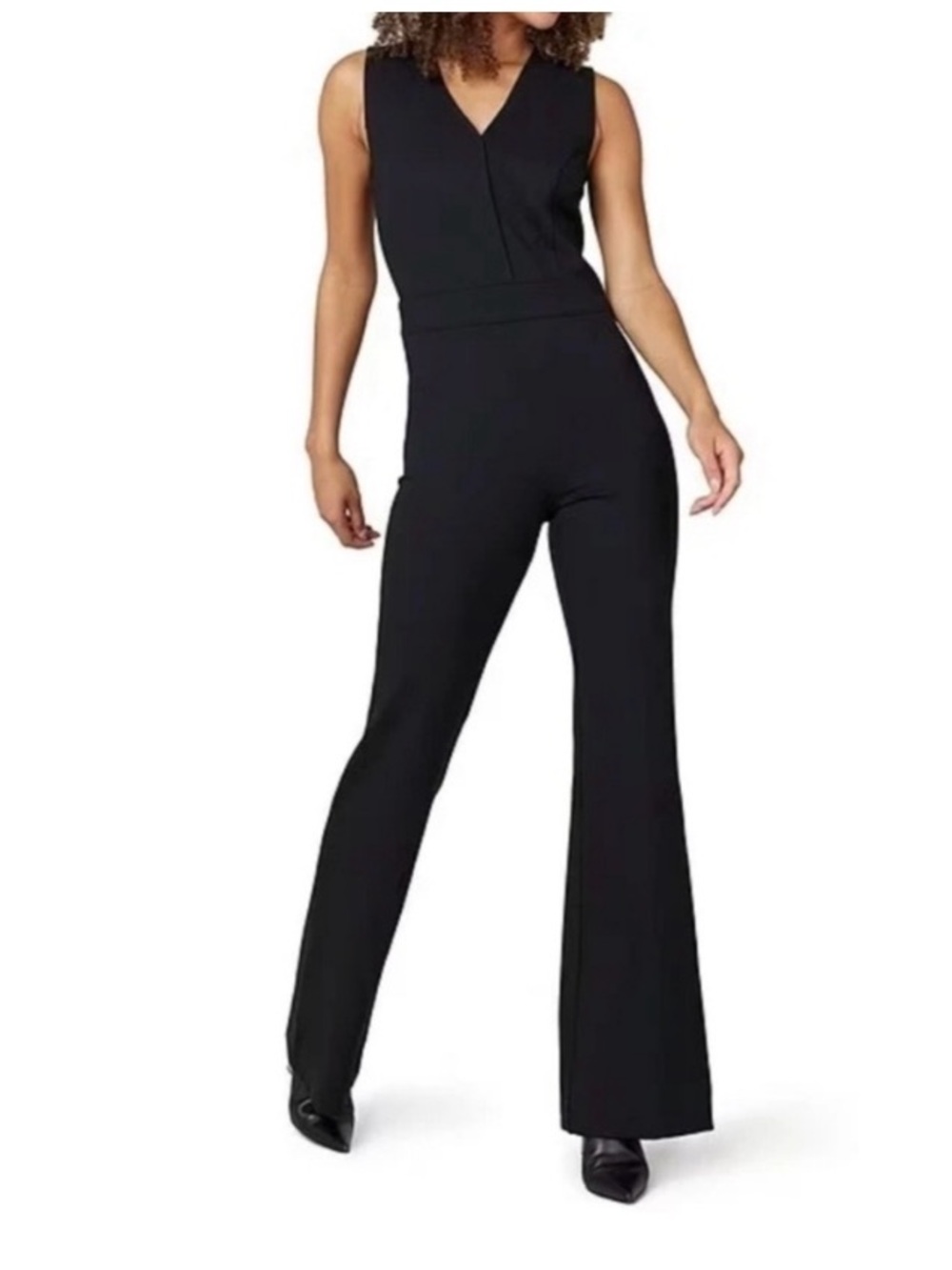 SPANX Perfect Sleeveless Ponte Knit Jumpsuit Wide Leg Flare V Neck Tailored